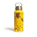 Yellow water bottle with a metal screw-on lid and handle on top. The bottle features orange and brown bee and flower illustrations.